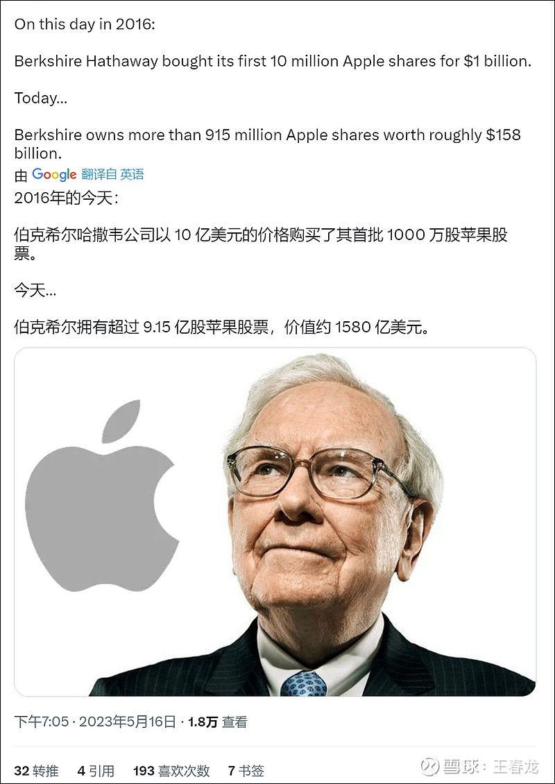 7年前的今天，巴菲特首次买入苹果股票，目前持有1580亿美元2016年的今天：巴菲特的伯克希尔哈撒韦公司，以10...