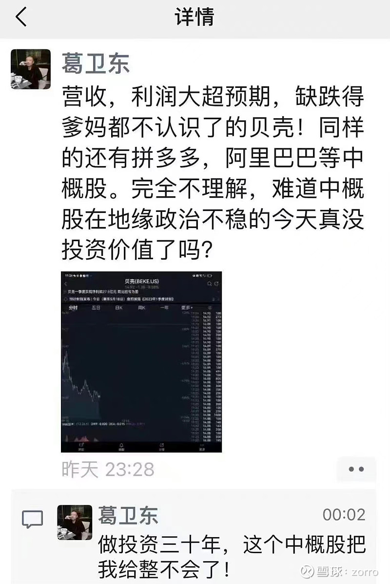 【投资大佬：做投资30年，中概股把我整不会了】来自网络的一张截图显示，投资界大佬葛卫东发朋友圈称：营收，利润大超预期，却 雪球