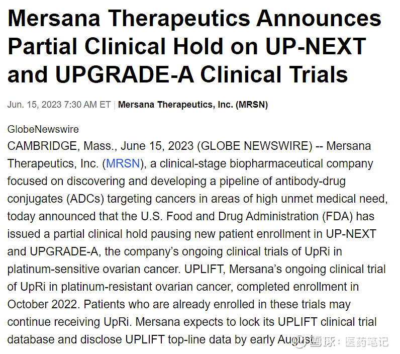 Mersana股价跌59：NaPi2b ADC严重出血事件导致临床入组暂停 Armstrong 2023年6月15日，Mersana