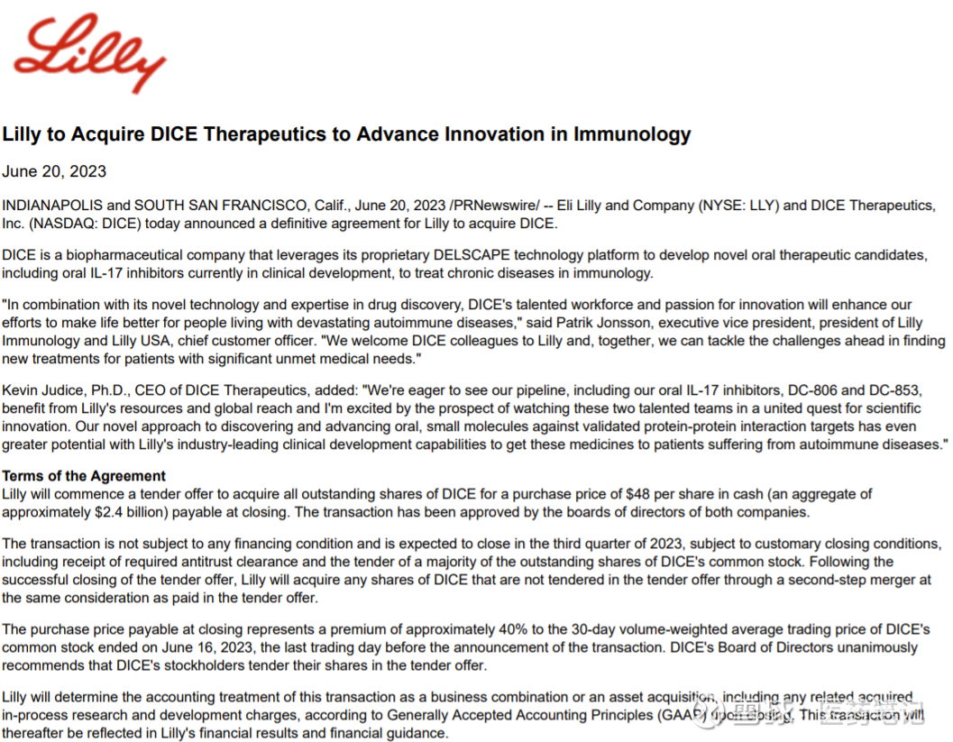 24亿美元：礼来收购DICE Therapeutics，获得IL-17小分子抑制剂·Armstrong 2023年6月20日， 礼来制药宣布将以24亿美元的价格收购DICE  Therapeutics...