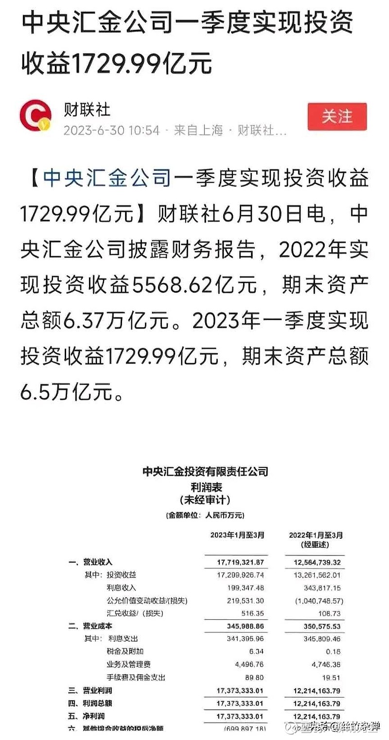 中央汇金公司一季度投资收益1729.99亿,看到这则新闻真的是百感交集~~ - 雪球