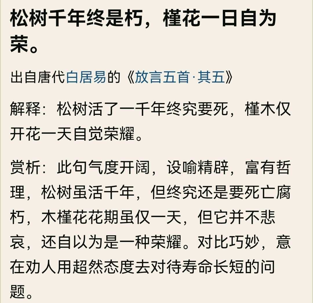 白居易《放言五首·其五》：松树千年终是朽，槿花一日自为荣白居易《放言五首·其五》：松树千年终是朽，槿花一日自为荣松树千年终是朽，槿花一日自为荣。出自唐代白居易的《放言五首·其五...