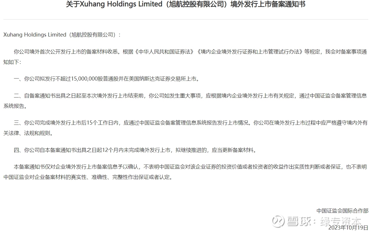 第12、13、14、15家赴美IPO企业完成境外上市备案10月19日，证监会对旭航控股、 罗科仕、 堂堂加、 致保科技、 药明合联 、芜湖城市、君圣泰医药和