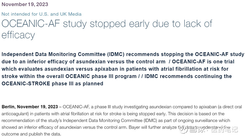 拜耳大跌17%：FXIa抑制剂Asundexian房颤三期临床失败 Armstrong 2023年11月19日，拜耳宣布FXIa抑制剂Asundexian治疗房颤三期临床OCEANIC ...