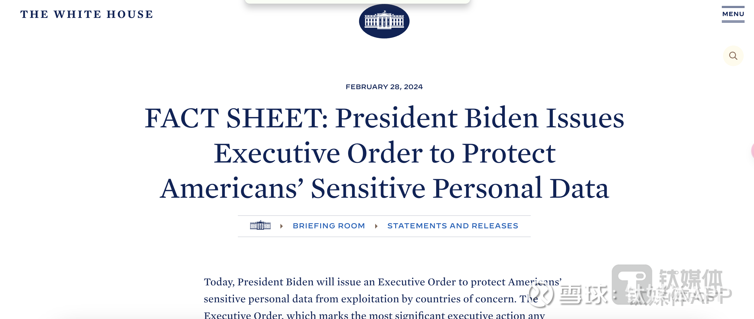 拜登签署行政命令，限制美国的个人数据流通到多国，将影响中国AI 产业发展｜钛媒体AGI 靴子落地。 北京时间2月28日晚，白宫公布消息，美国总统拜登（Joe  Biden）签署了一项行政命令，旨在限制向“相关国...