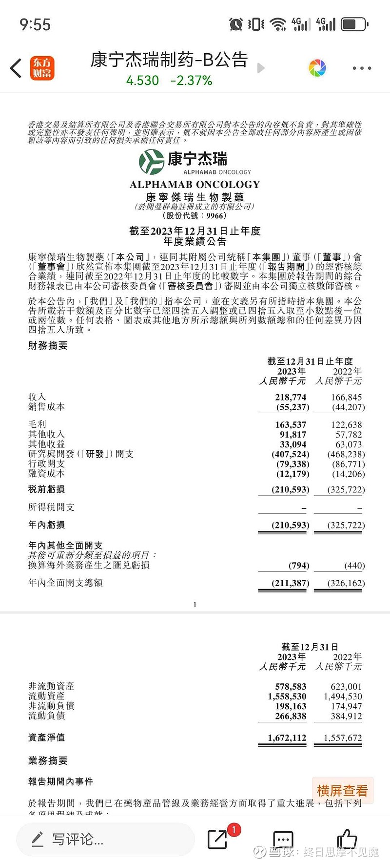 康宁杰瑞制药b09966先发再看先表扬一下财报不错