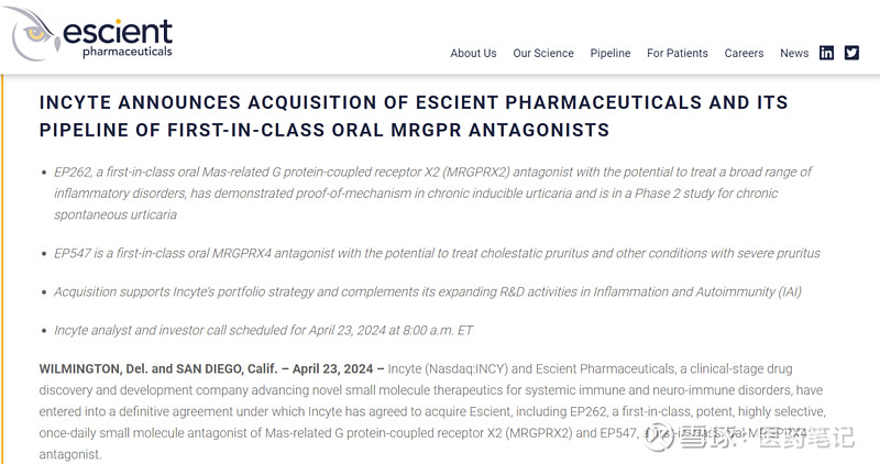 瘙痒重磅交易：Incyte 7.5亿美元收购Escient Pharmaceuticals Armstrong 2024年4月23日 ...