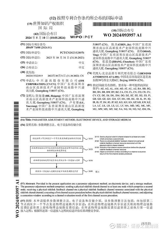 中兴通讯公布国际专利申请:"参数调整方法,电子设备和存储介质"