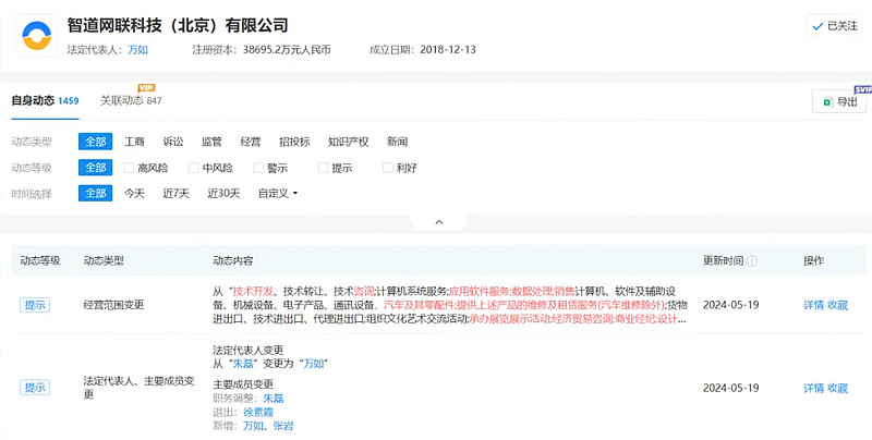 发生工商变更,其法定代表人由朱磊变更为万如,朱磊的职务由"执行董事