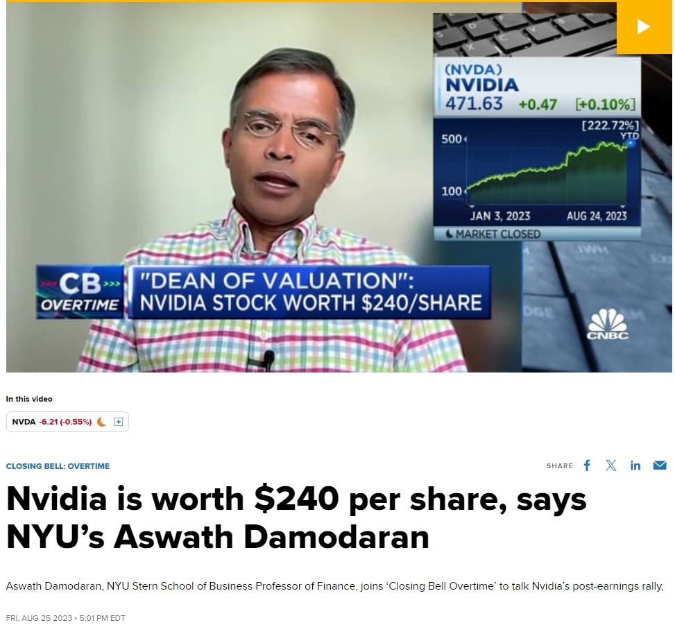 著作等身的美国金融学教授达摩达兰曾在2023年8月称NVIDIA合理估值是240美元，现实际股价1100美元//阿斯沃斯·达摩达兰（Aswath  Damodaran）,纽约大学斯特恩商学院金融学教授，教授企业金融和股权估值,最为...