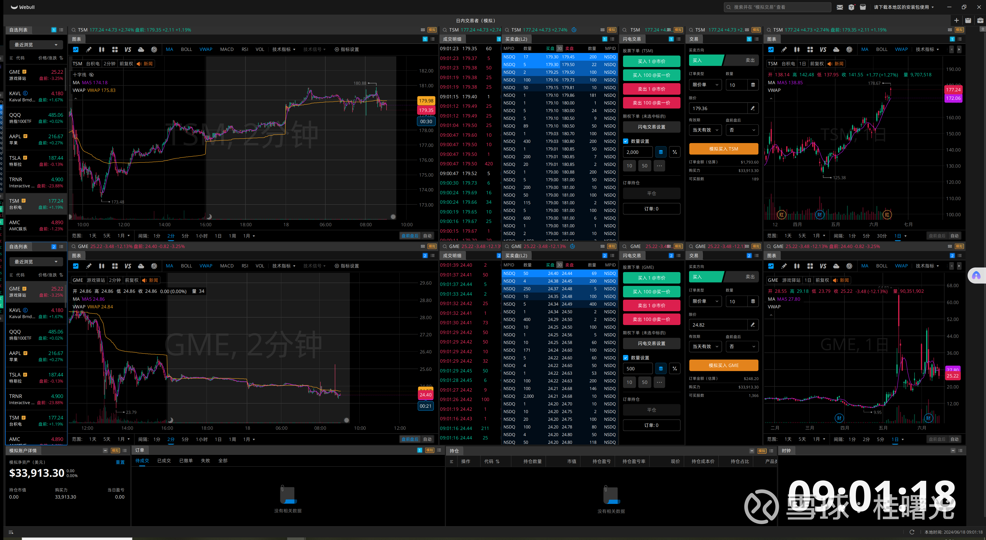 我的美股日内模拟交易界面-240618-webull 感觉还不错，分享