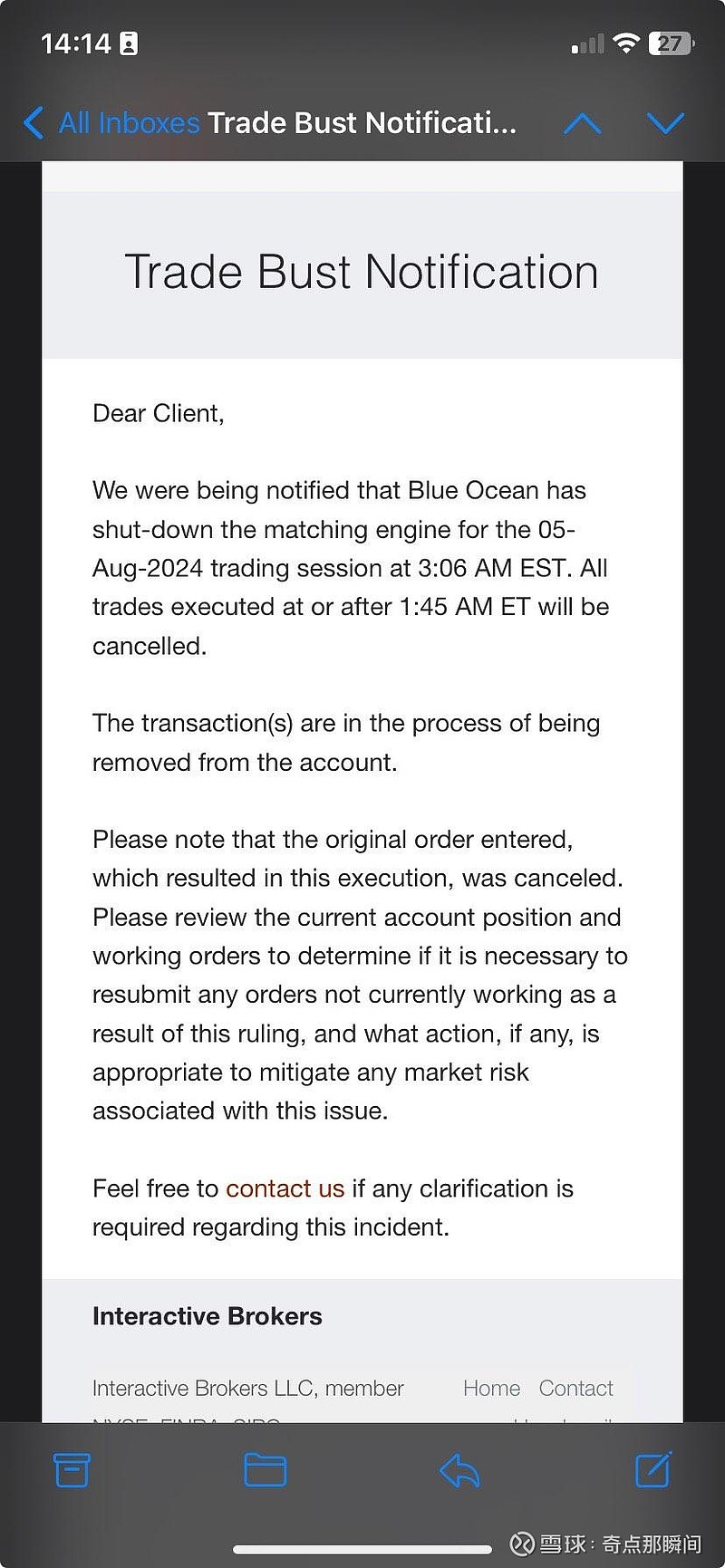 昨晚夜盘成交的买单被IB取消了，有人遇到这种情况吗？难以置信！！我的单子是东区2:10am成交的，已经成交了，刚才收盘后...