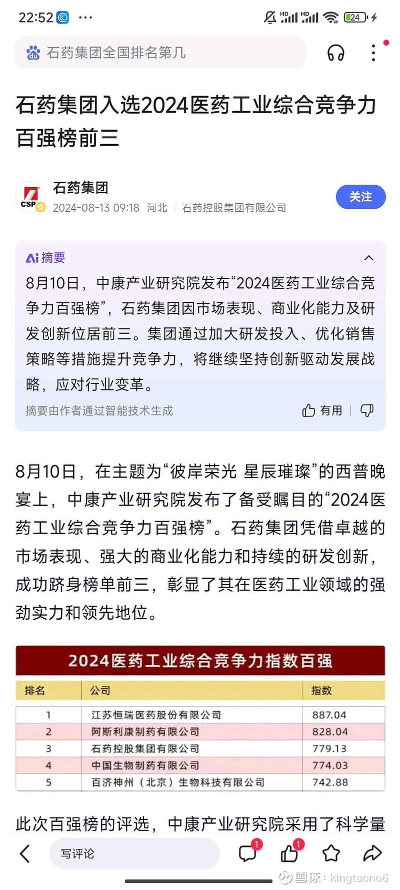 现在可以谈*St景峰估值及价值-未来涨幅有望达到580% 一、 石药集团 实力 百强榜前三，市值574亿。 二、财务数据展示2023年销售收入 ...