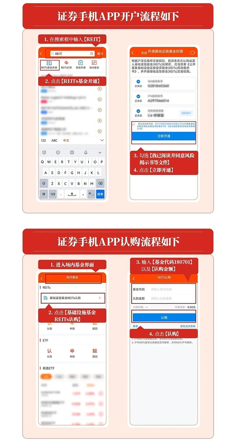 注意需提前开通基础设施基金投资权限。若暂无证券账户，需先完成开户。注：此处界面仅作为演示说明，具体步