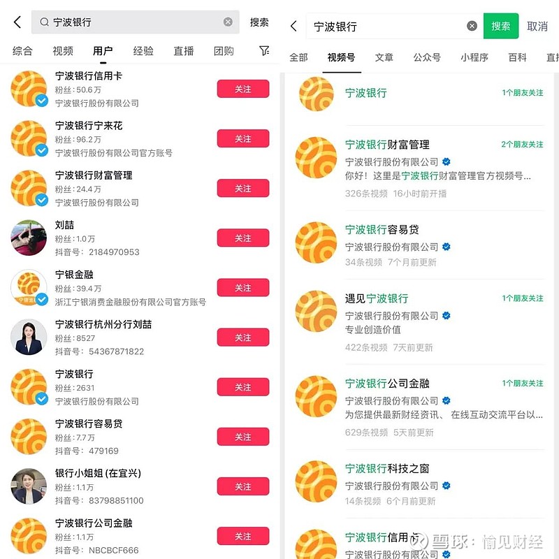 视频号中都有官方账号，42%的银行在视频号上运营了10个以上的官方账号。宁波银行在抖音、视频号的矩阵