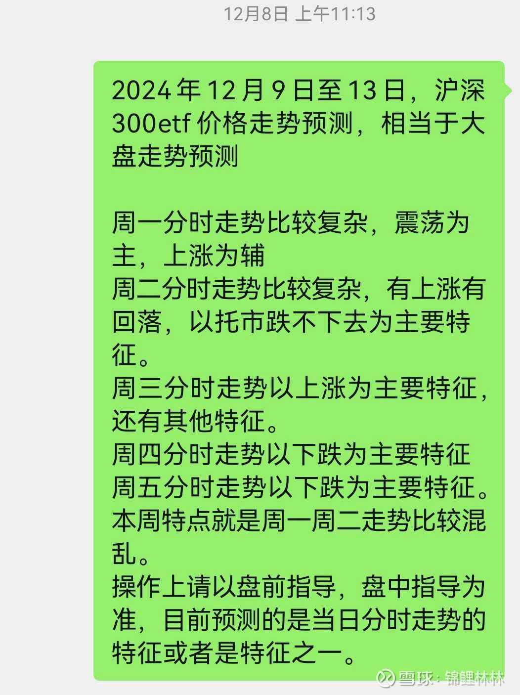 2024年12月16日至20日沪深300走势预测上周复盘：上周算是圆满结束，尤其是预测 周二会回落，真是太准了，周一开了多单过夜，周二一开盘就平仓盈利走人。可惜周四周五预...