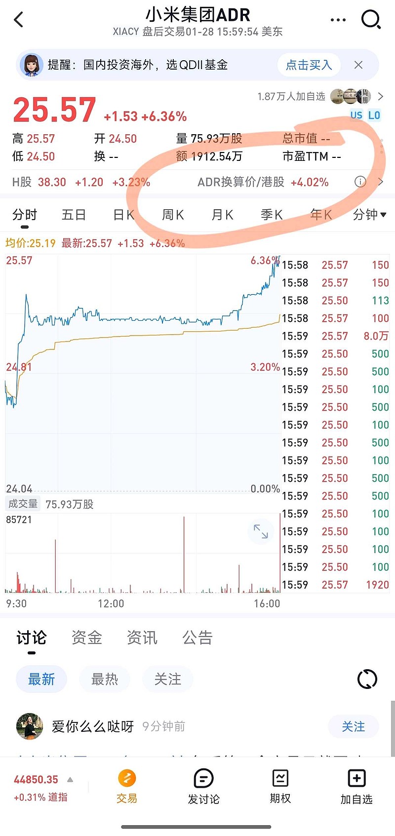 小米集团-W(01810)$ 热烈庆祝小米集团市值破万亿港币昨天港股交易半日， 小米股票涨3.23%，股价来到3...