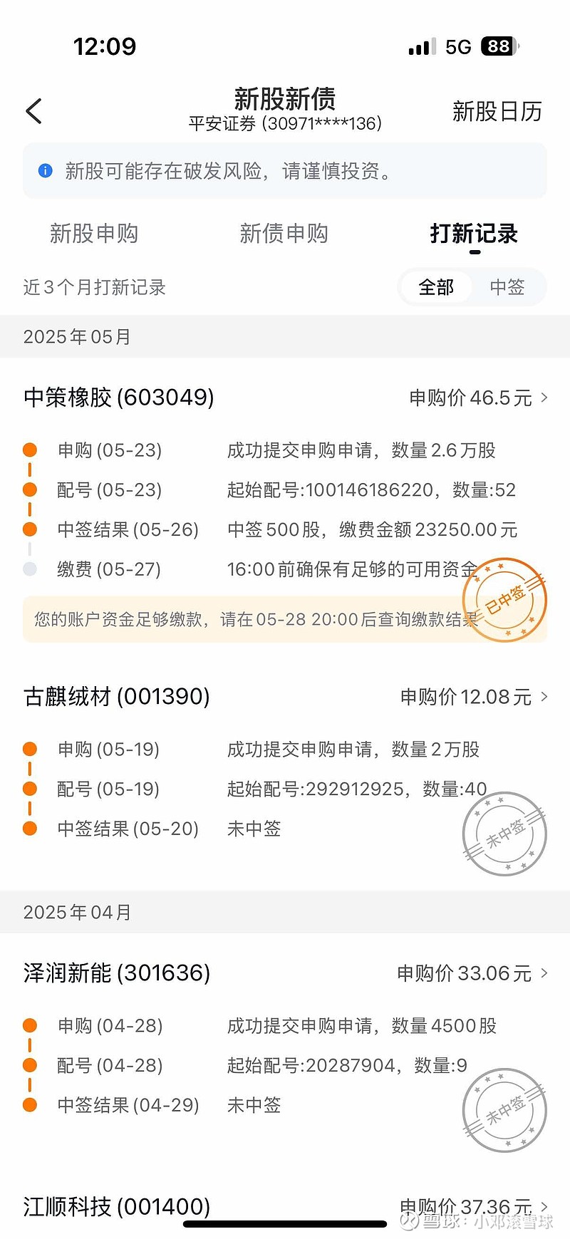 中签了一个新股