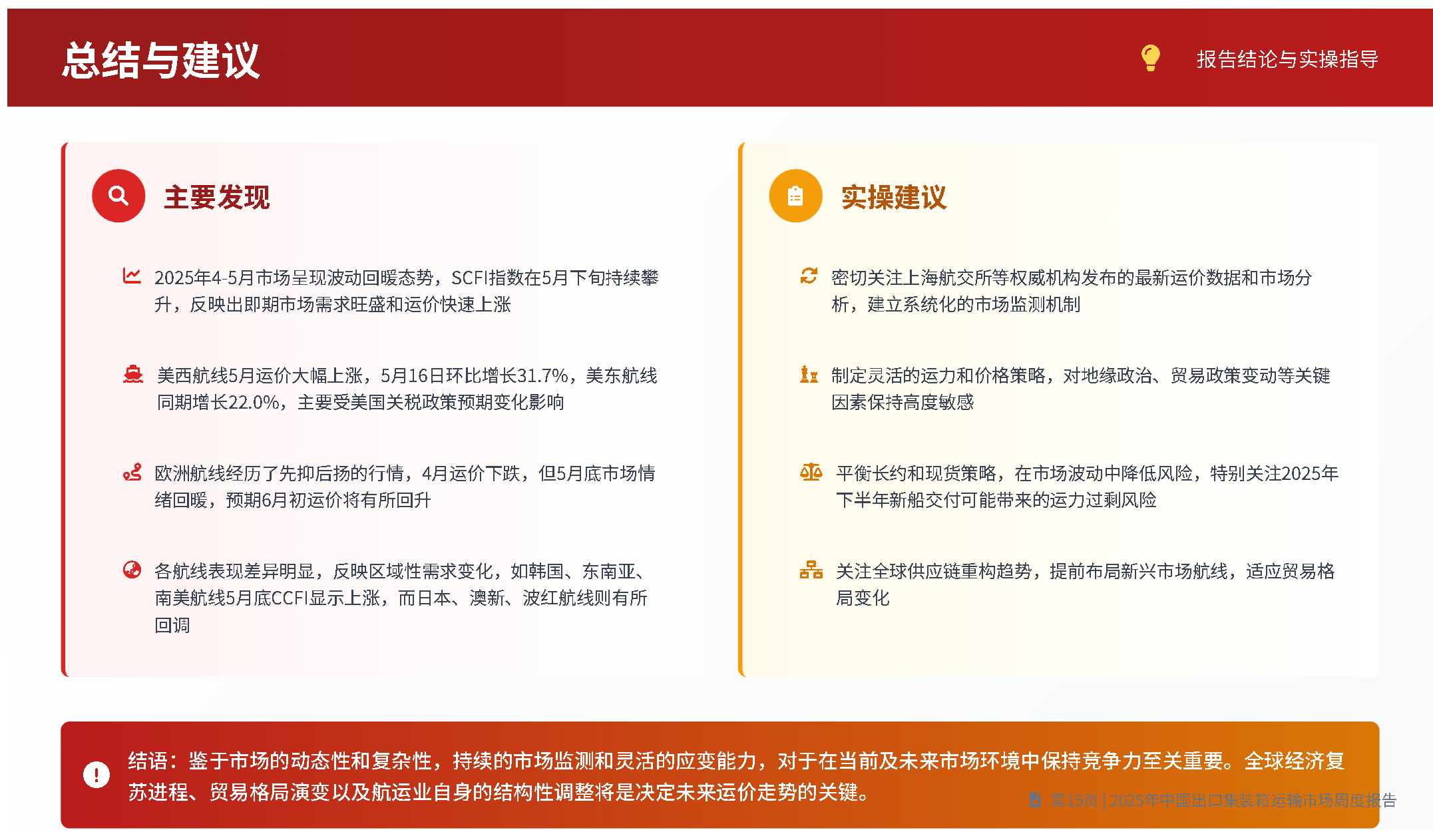 基于中国出口集装箱运输市场价格周度报告的航运市场趋势分析总结：把握市场脉搏，应对未来挑战2025年5月，SCFI 综合指数 及多数主要航线的出口集装箱运价经历了一轮迅猛且显著的...