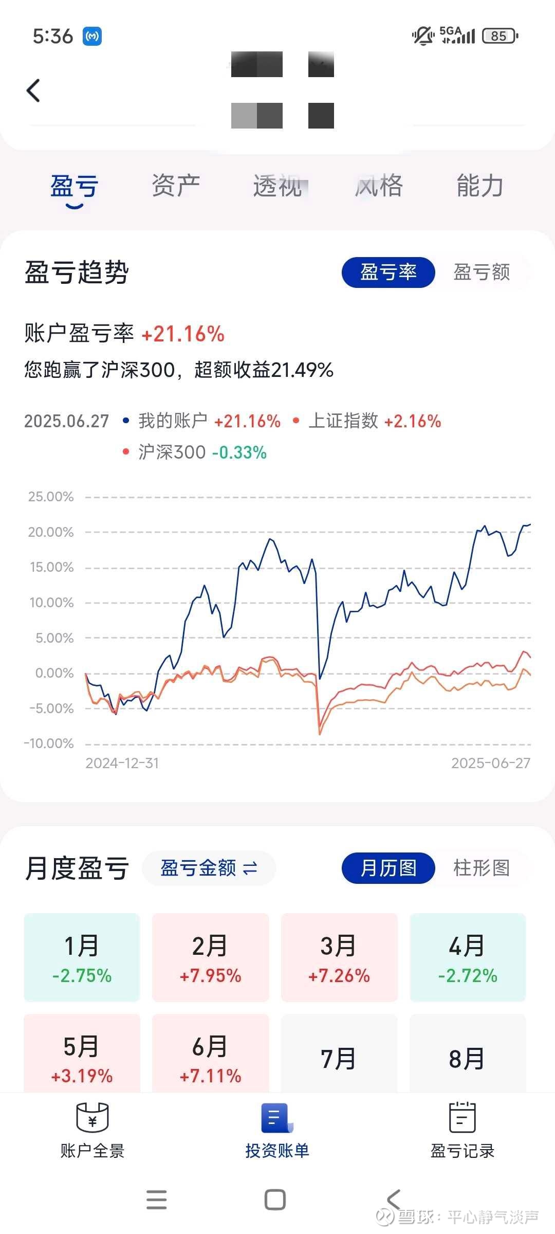 景气度投资——2025年上半年小结1.收益本月盈利约7%，累计盈利约21%，继续跑赢300指数和持平恒生指数，收在几乎最高点，总体还是比较 满意的。本月...