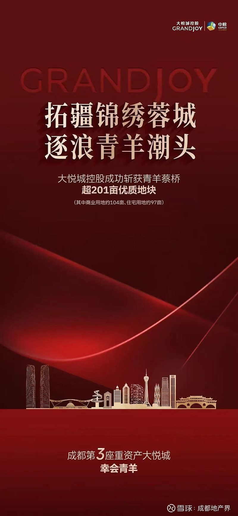 成都再添一座大悦城！ 今日（11月19日），成都迎来了一场非常重要的土拍，备受关注的青羊区蔡桥4宗土地正式走上拍卖台。最终，央企中粮集团旗下 ...