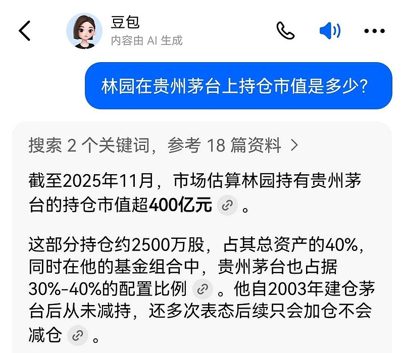 林园在贵州茅台上持仓市值是多少?