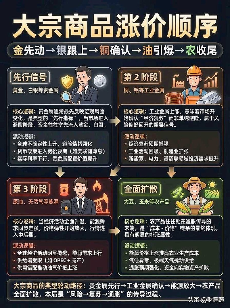 大宗商品涨价的底层逻辑与轮动顺序大宗商品价格上涨并非无序蔓延，而是遵循清晰的避险-复苏传导脉络，不同品类的轮动节奏与宏...