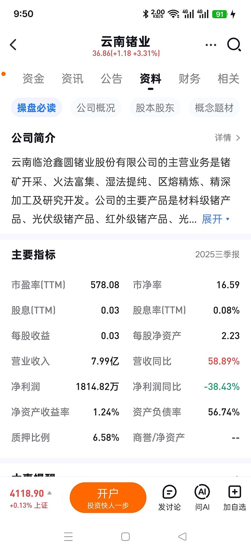 云南锗业:市盈率快600,不再关注 这也太高了。高有高的道理。别人也知道高,照样买。我换成了别的矿产。 - 雪球
