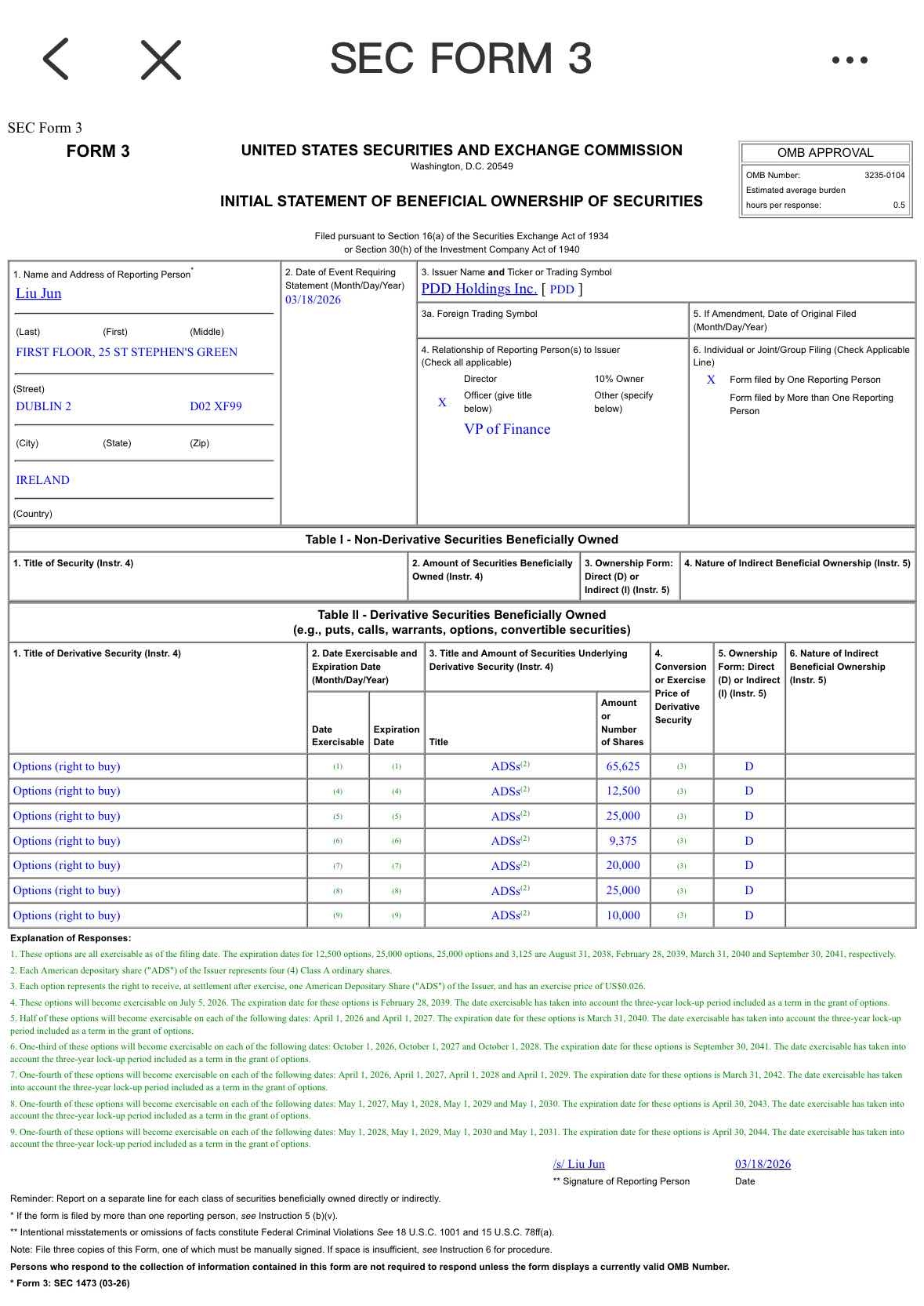 Sec Example Form 拼多多 3月18日SEC Form 3 文件传递的一些信息按照美国证监会的要求,拼多多于2026年3月18日首次公布了公... - 雪球