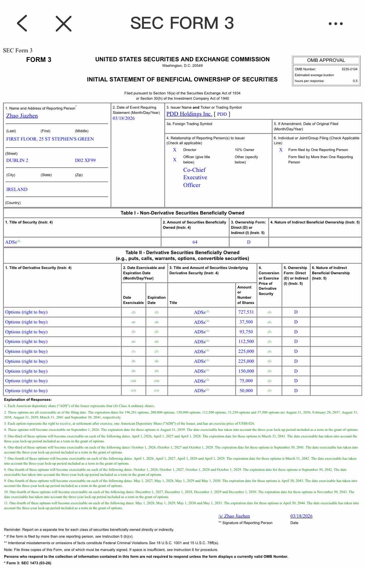 Seis3 Form.pdf 拼多多 3月18日SEC Form 3 文件传递的一些信息按照美国证监会的要求,拼多多于2026年3月18日首次公布了公... - 雪球