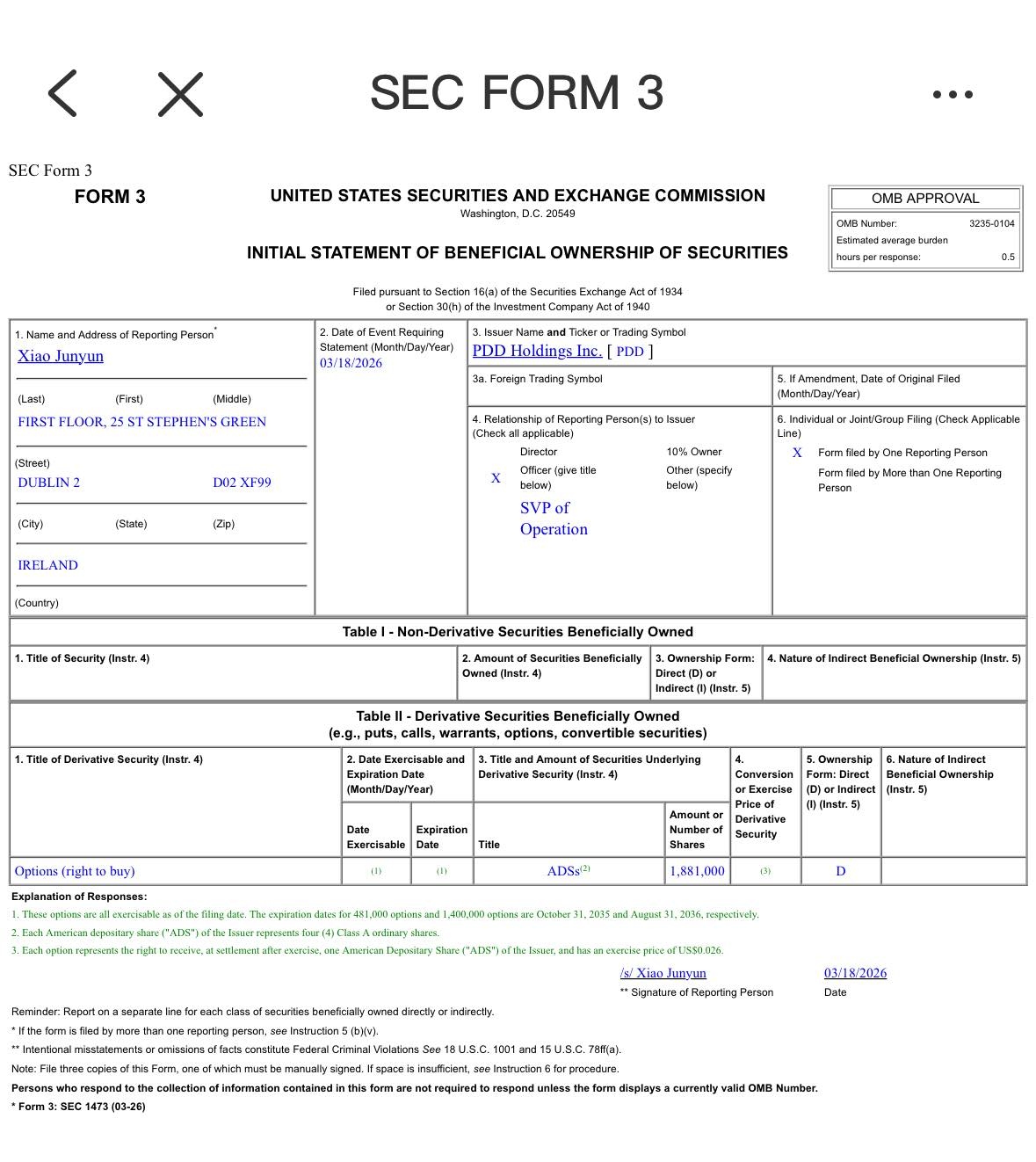 拼多多 3月18日SEC Form 3 文件传递的一些信息按照美国证监会的要求，拼多多于2026年3月18日首次公布了公... - 雪球