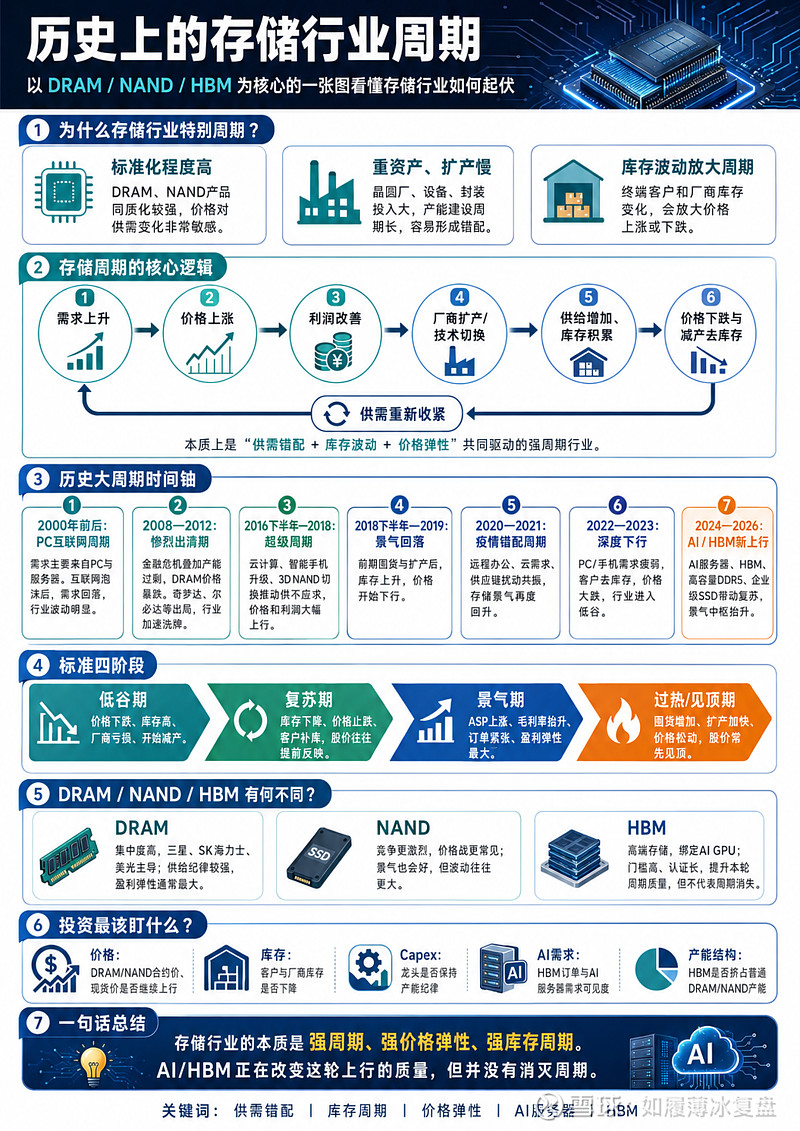 一文看懂存储行业周期:为什么它总是暴涨暴跌? 存储行业,本质上是半导体里最典型的强周期行业。不管是DRAM、NAND,还是现在最火的HBM ...