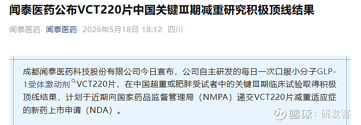 追击礼来，闻泰医药口服GLP-1减重12.4% 5月18日， 闻泰 医药（Vincentage Pharma）宣布，其自主研发的口服小分子 ...