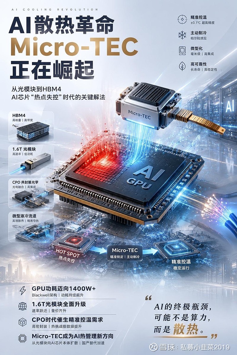 Micro-TEC微型热电制冷器 一、Micro‑TEC是什么Micro‑TEC（微型热电制冷器），基于帕尔贴效应的固态主动温控芯片，无运动 ...