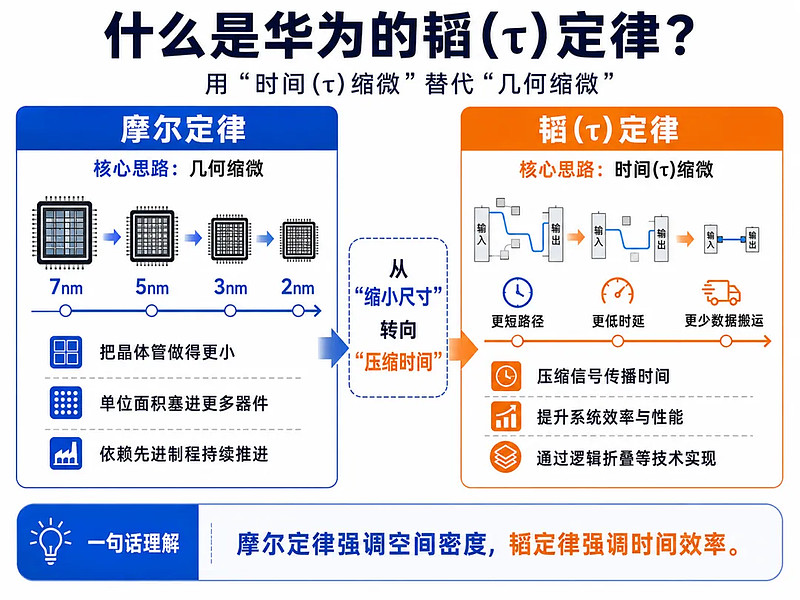 从“几何缩微”到“时间缩微”：一文读懂华为“韬定律” 过去几十年，半导体产业的核心叙事几乎只有一个：摩尔定律。所谓摩尔定律，简单说就是：芯片上 ...