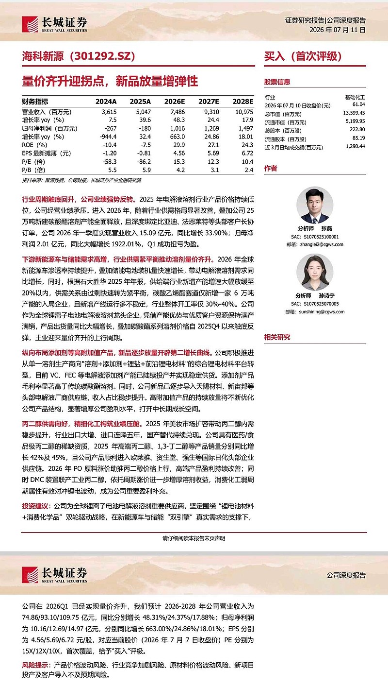 $海科新源(SZ301292)$ 长城证券 的研报，买入评级，2026年预估每股收益4.56元。20倍PE目标价4.56... - 雪球